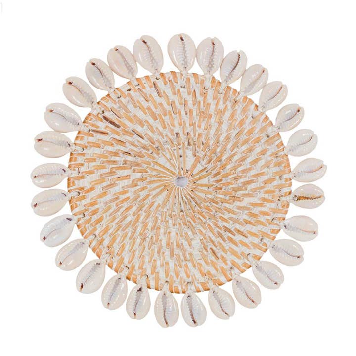 Rattan Coaster with Cowrie Shell | Whitewash | 14 cm | Handwoven in Indonesia