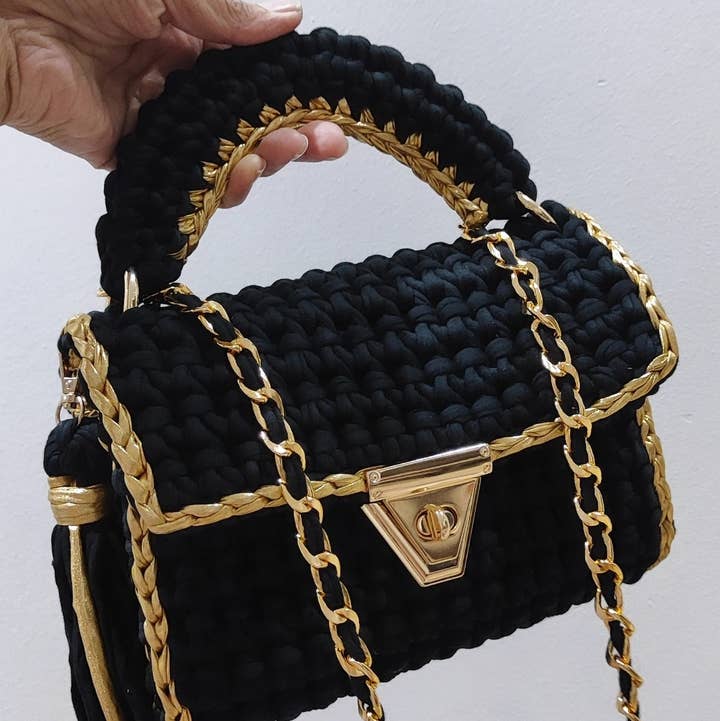 Handmade Crochet Evening Clutch | Black & Gold | Wedding & Party Bag | Handmade in Turkey | CHQEL
