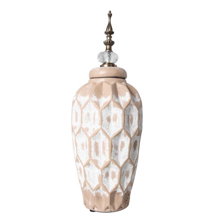 White Relief Ceramic Vase | 14 × 14 × 34 cm