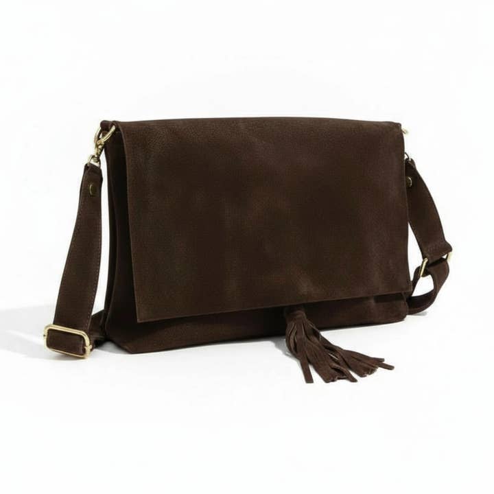 Luna Suede Leather Crossbody Bag | Brown | Tassel Detail | Wide Adjustable Strap | Made in Italy