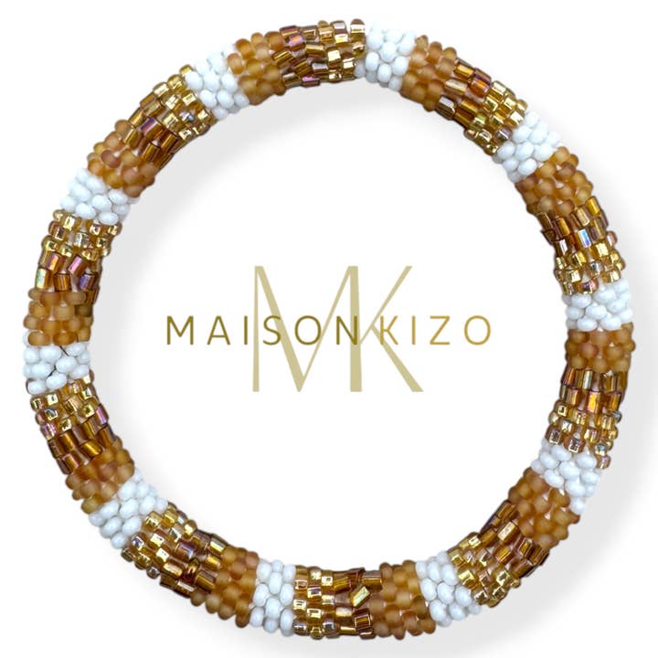 Maison Kizo Gold & white Glass Bead Bracelet D25 | Hand-Crocheted in Nepal | Designed in France