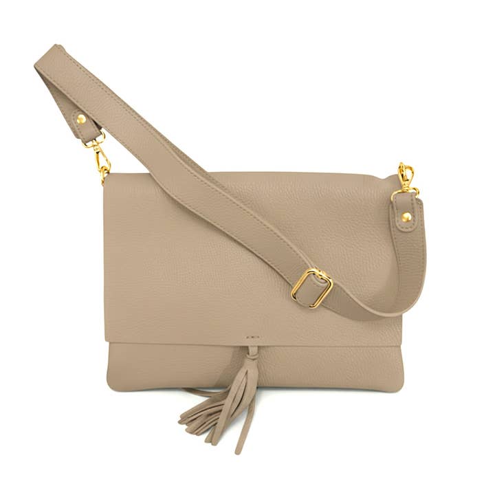 Luna Dollaro Leather Shoulder Bag | Taupe | Tassel Detail | Wide Adjustable Strap | Made in Italy