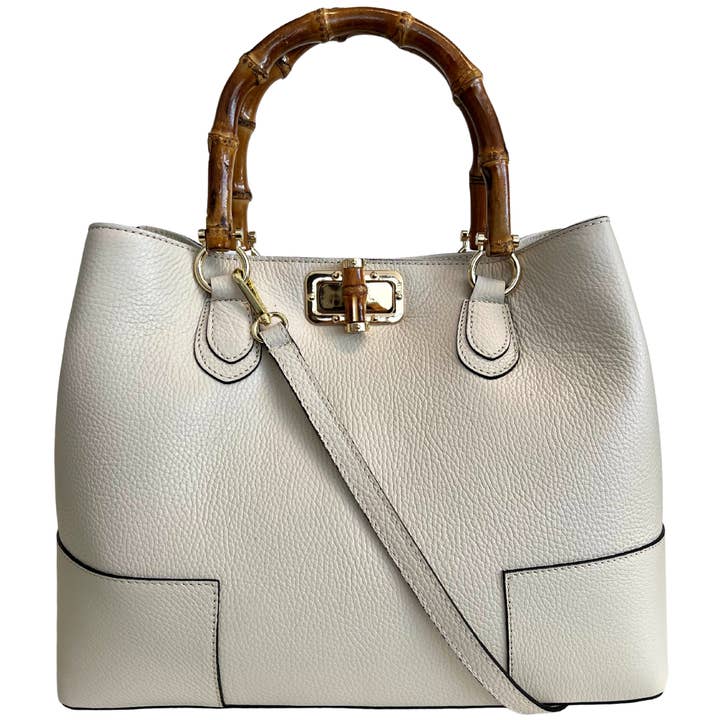 Genuine Leather Handbag | Beige | Bamboo Handles & Knob Closure | Gold Hardware | Handcrafted in Italy | Modarno