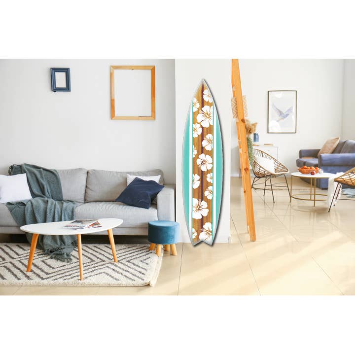 Wooden Surf Board Wall Décor – Hibiscus Teal & White