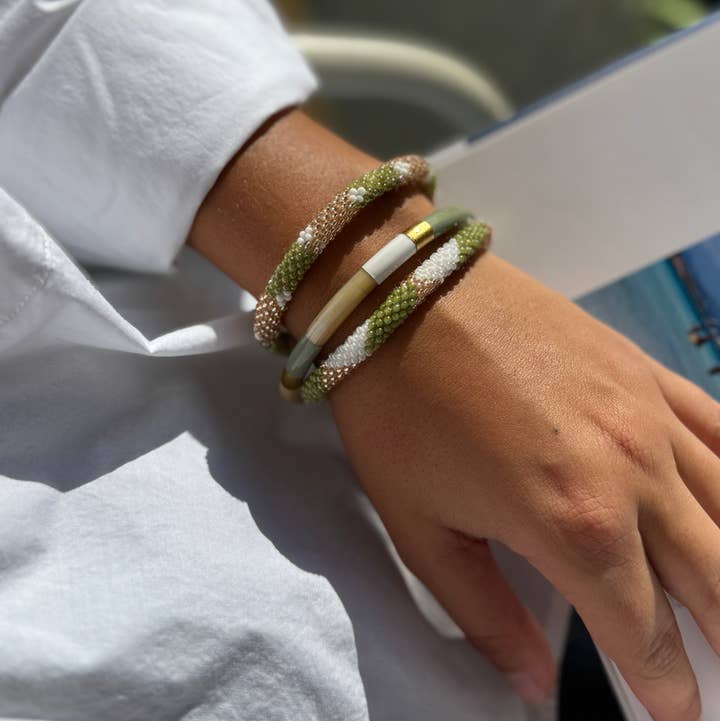 Lacquered Buffalo Horn Bangle | Khaki, White & Gold | Handmade in Vietnam | C22