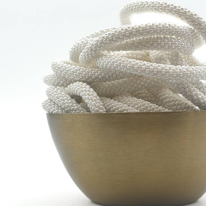 Maison Kizo Pearl White Glass Bead Bracelet | Hand-Crocheted in Nepal | Designed in France