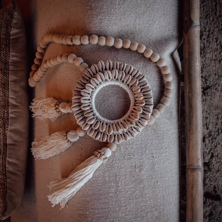 Circle Wall Hanger | Wood Beads & Cowrie Shells | 65 cm | Handmade in Bali