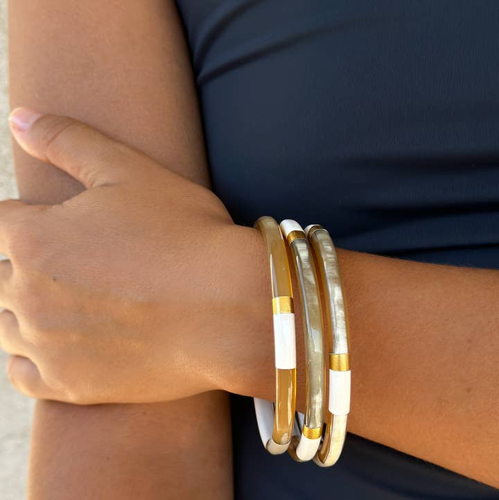 Lacquered Buffalo Horn Bangle | White Gold Grey & Taupe | Handmade in Vietnam