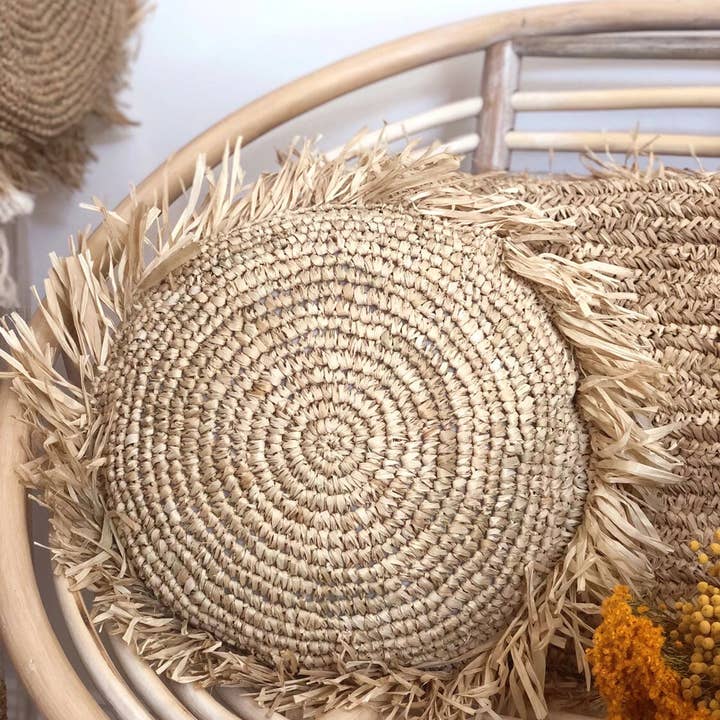 Round Raffia Cushion Cover with Fringe | 40 cm | Handwoven in Indonesia