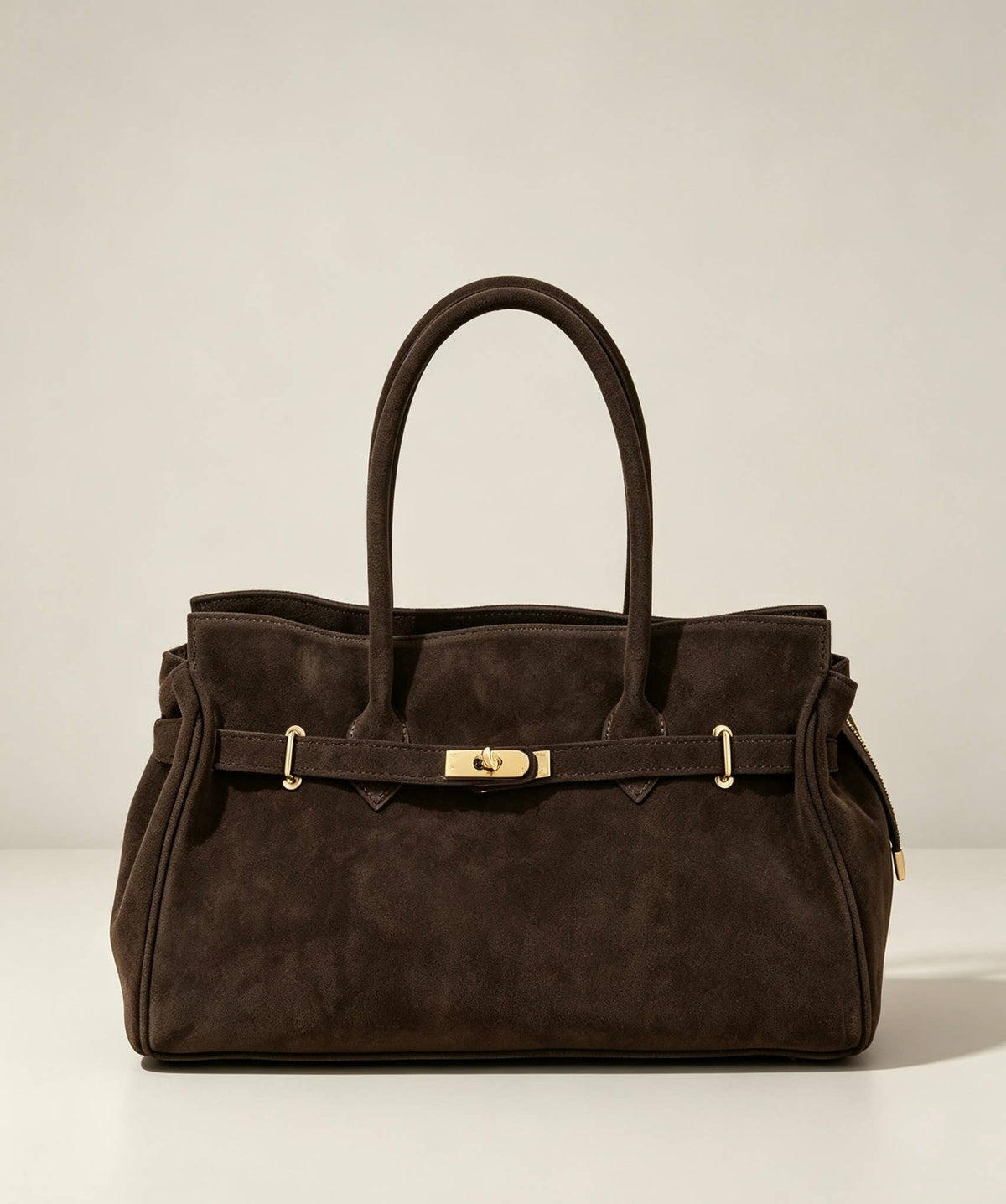 Suede Tote Bag with Golden Details, toteveske i semsket skinn