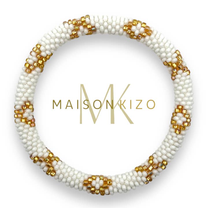 Glass Bead Crochet Bracelet | Bronze & White | Handmade in Nepal