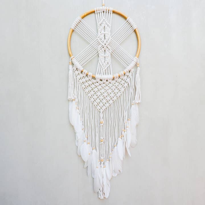 Bali Harvest Crisscross Dream Catcher | Rattan, Cotton & Goose Feathers | Large | Handmade in Bali