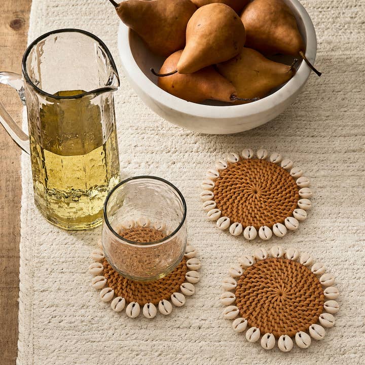 Hand-Woven Rattan Coaster with Cowrie Shell – Natural Brown
