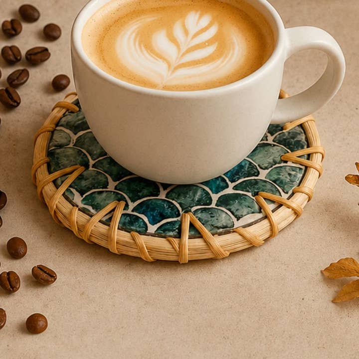 Rattan & Mother of Pearl Coaster Set | Round | Set of 6 with Holder | Made in Vietnam
