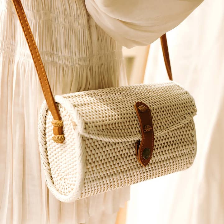 Bali Harvest Rattan Clutch Bag | White | Genuine Leather Strap | Batik Linen Lining | Handmade in Bali
