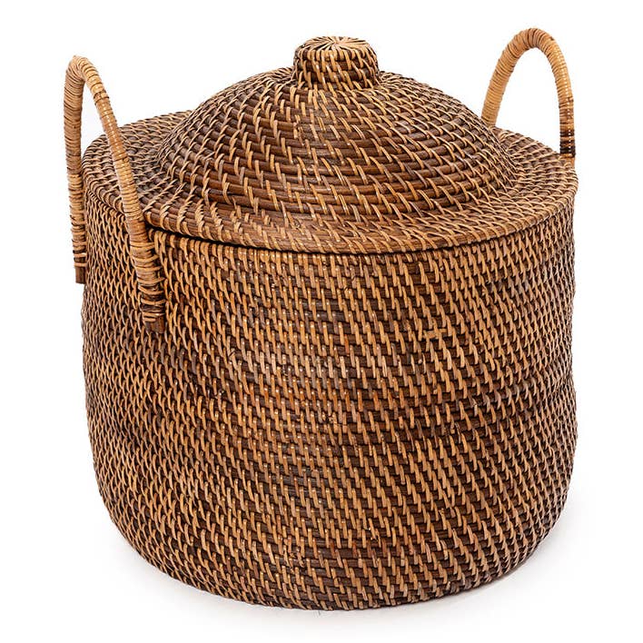 The Colonial Handles Basket | Natural Brown | Handwoven Rattan | Lid | 40×40×39 cm | Bazar Bizar Living