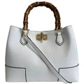 Genuine Leather Handbag | White | Bamboo Handles & Knob Closure | Gold Hardware | Handcrafted in Italy | Modarno