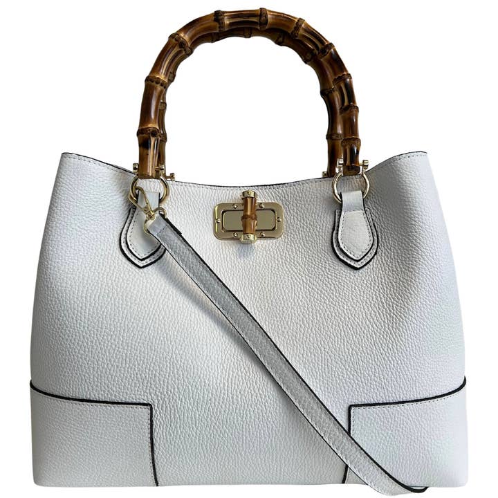 Genuine Leather Handbag | White | Bamboo Handles & Knob Closure | Gold Hardware | Handcrafted in Italy | Modarno