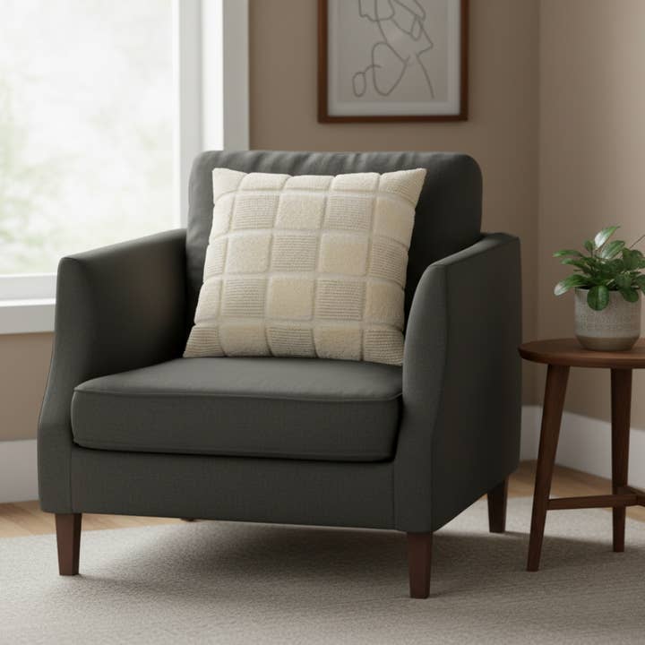 Blocana Cushion Cover | Beige | Textured Block Pattern | 100% Cotton | Spiral Zip | 50×50 cm | Urbane Hide