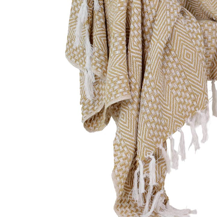 Sandora Sofa Throw | Natural Beige | Handwoven Cotton | Hand-Tied Fringes | 125×160 cm | Urbane Hide
