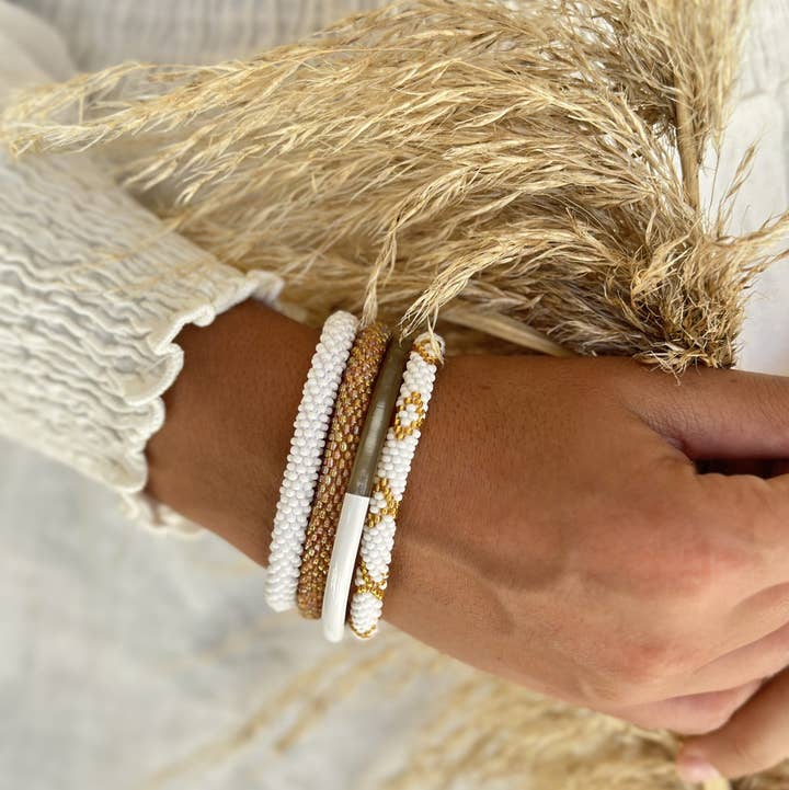 Glass Bead Crochet Bracelet | Bronze & White | Handmade in Nepal