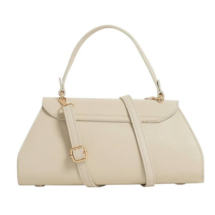 Sesto Shoulder Bag | Beige | Genuine Togo Leather | Clasp & Zip Closure | Light Gold Hardware | Handcrafted in Italy | Modarno