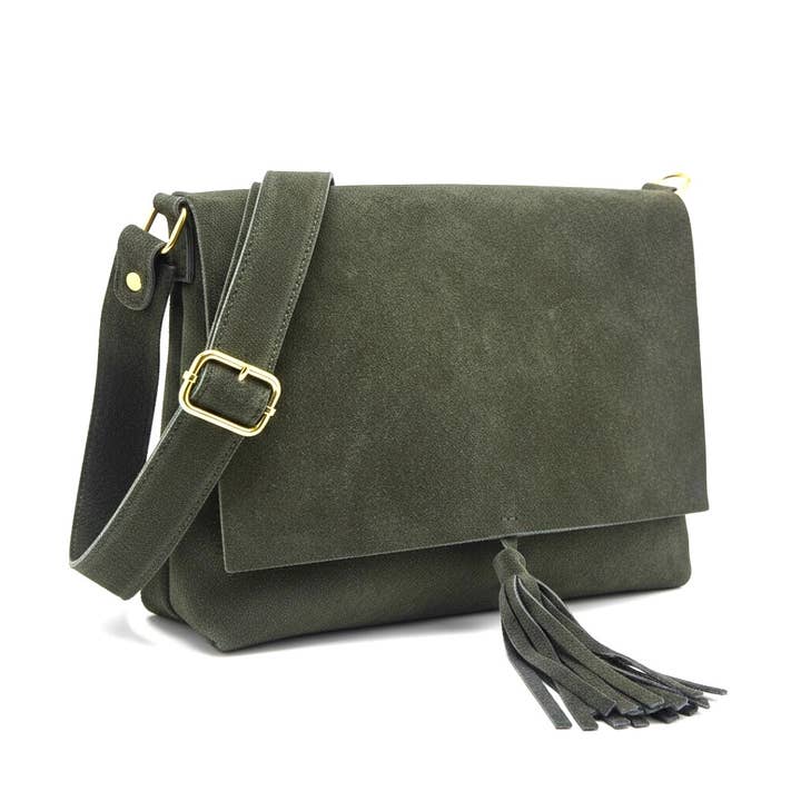 ZEEN Luna Suede Leather Crossbody Bag | Green | Tassel Detail | Wide Adjustable Strap | Made in Italy