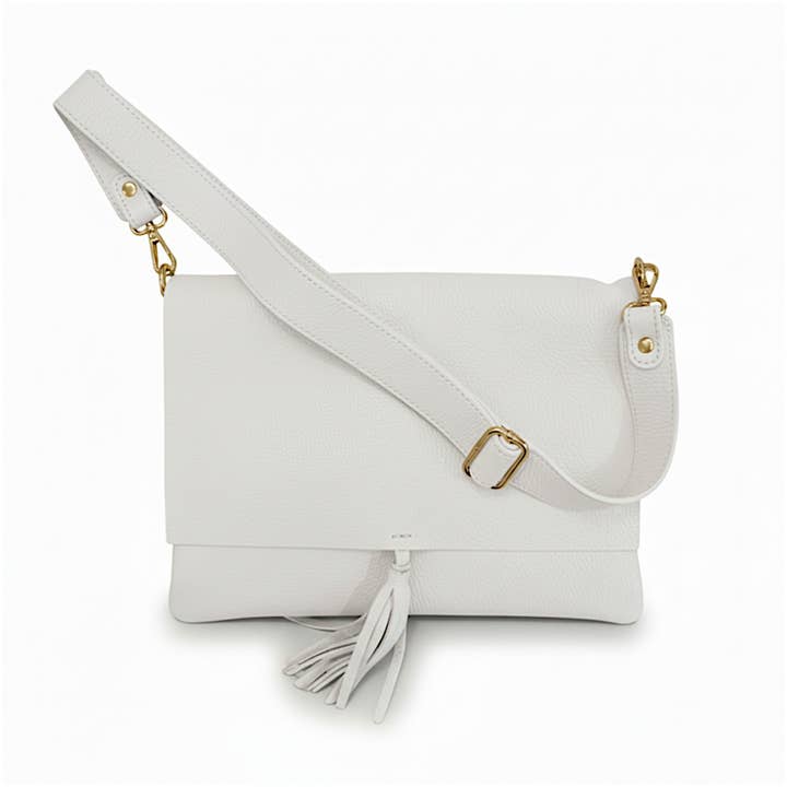 Luna Dollaro Leather Shoulder Bag | White | Tassel Detail | Wide Adjustable Strap | Made in Italy