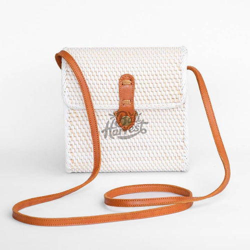 Bali Harvest Rattan Envelope Clutch | White | Ata Straw | Genuine Leather Strap | Batik Linen Lining | Handmade in Bali