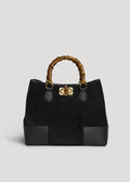 Large Handbag in Genuine Suede and Dollaro Leather, stor håndveske med bambushåndtak