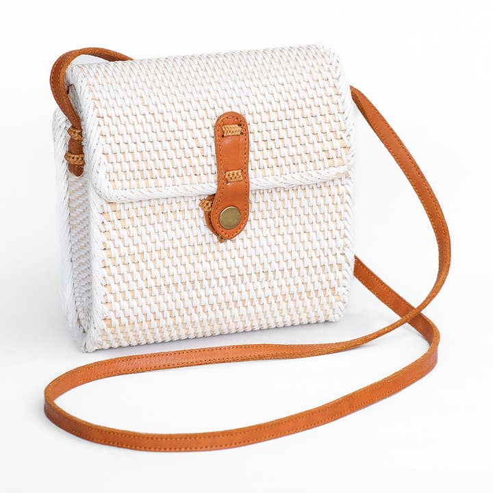 Bali Harvest Rattan Envelope Clutch | White | Ata Straw | Genuine Leather Strap | Batik Linen Lining | Handmade in Bali