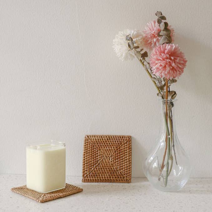 Hand-Woven Square Rattan Coaster – Natural Coastal Table Decor