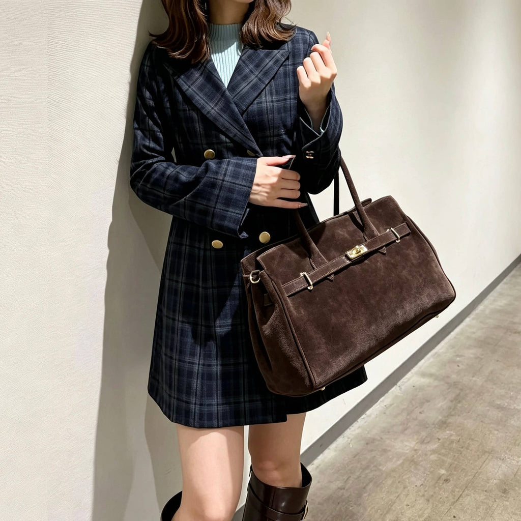 Suede Tote Bag with Golden Details, toteveske i semsket skinn