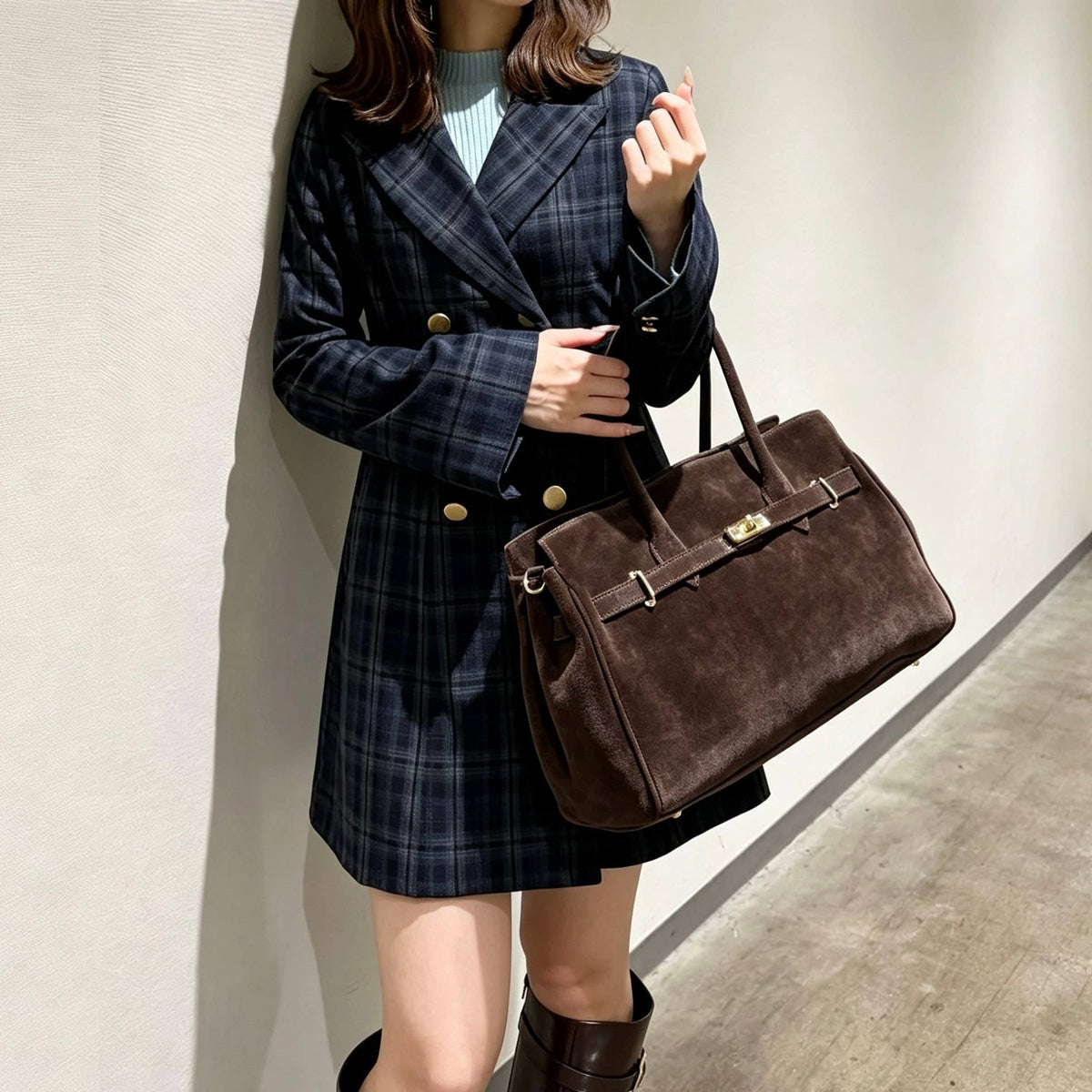 Suede Tote Bag with Golden Details, toteveske i semsket skinn