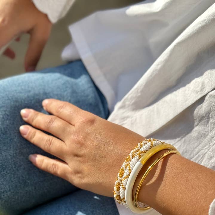 Lacquered Buffalo Horn Bangle | White & Brown | Handmade in Vietnam