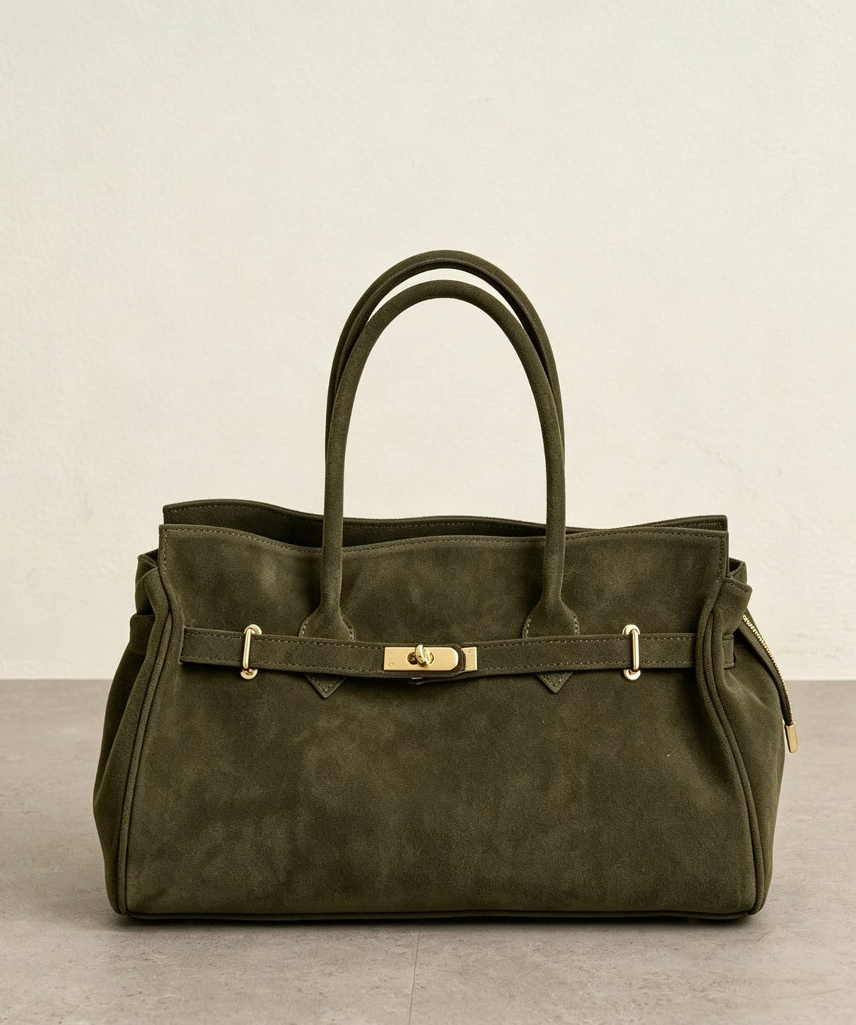 Suede Tote Bag with Golden Details, toteveske i semsket skinn