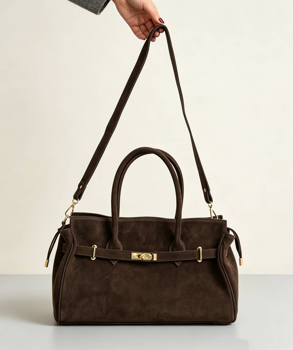 Suede Tote Bag with Golden Details, toteveske i semsket skinn