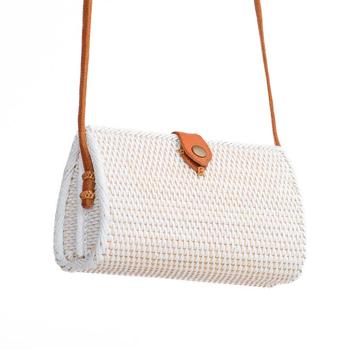 Bali Harvest Rattan Water Drop Crossbody Bag | White | Genuine Leather Strap | Batik Linen Lining | Handmade in Bali