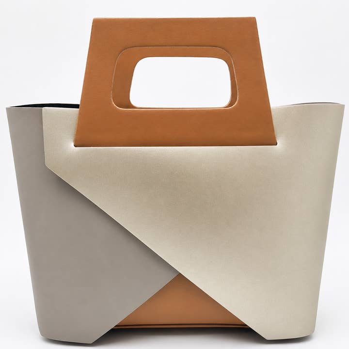 Carla | Italian Leather Geometric Handbag | Camel Gold & Taupe | Handcrafted in Italy