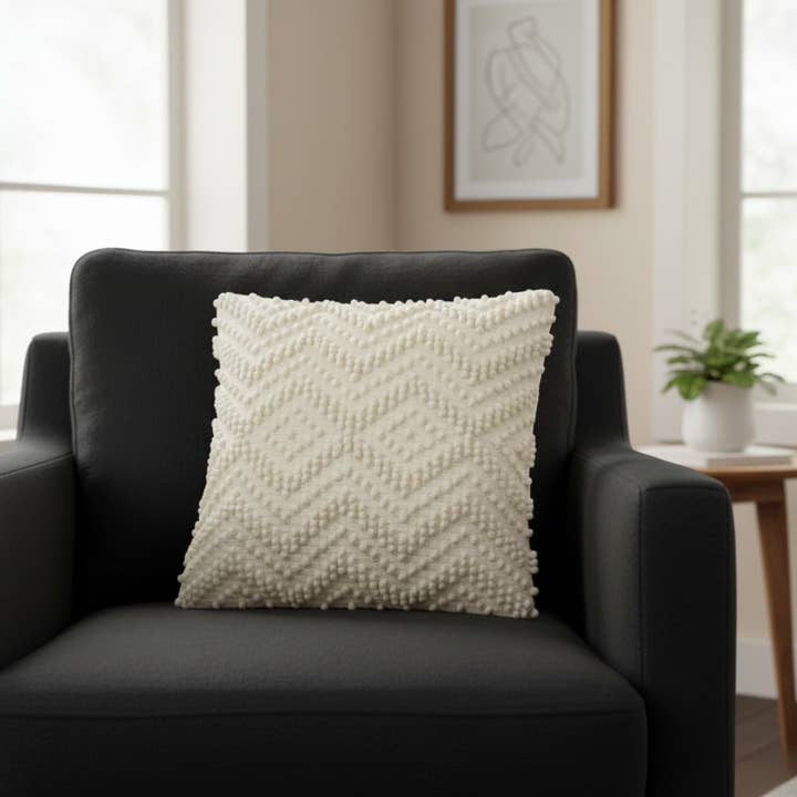 Zigmora Cushion Cover | Cream | 3D Tufted Zigzag | Wool Blend | Spiral Zip | 50×50 cm | Urbane Hide