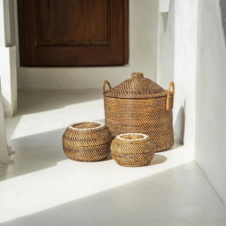 Colonial Cowrie Shell Rattan Basket | Natural Brown | Medium