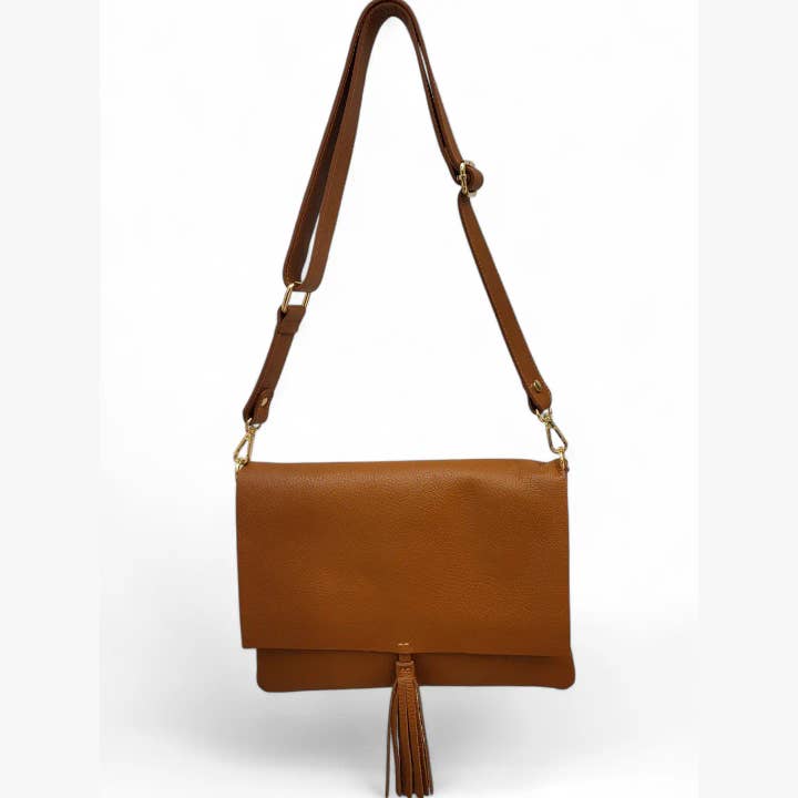 Luna Dollaro Leather Crossbody Bag | Camel | Tassel Detail | Wide Adjustable Strap | Made in Italy