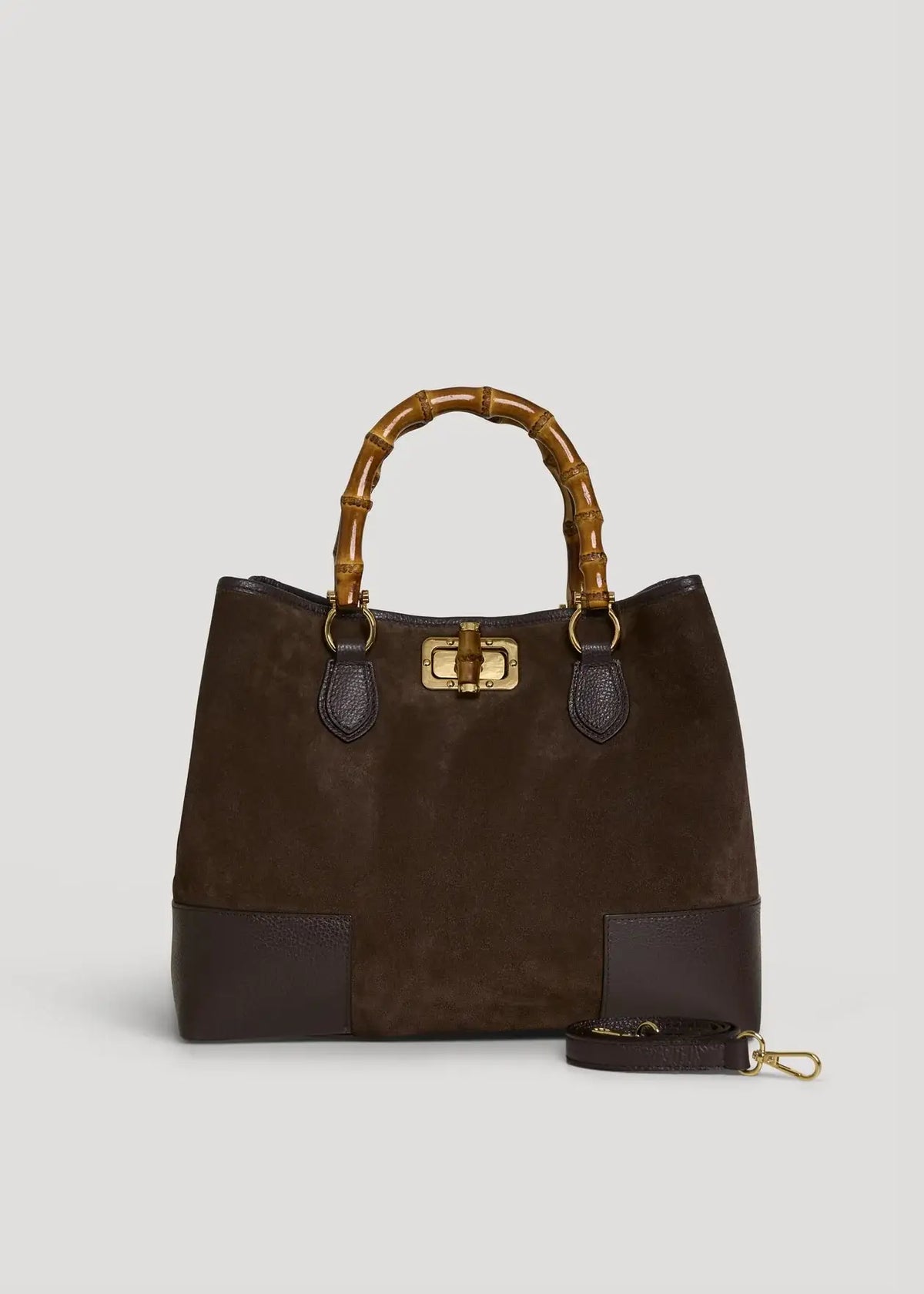 Large Handbag in Genuine Suede and Dollaro Leather, stor håndveske med bambushåndtak