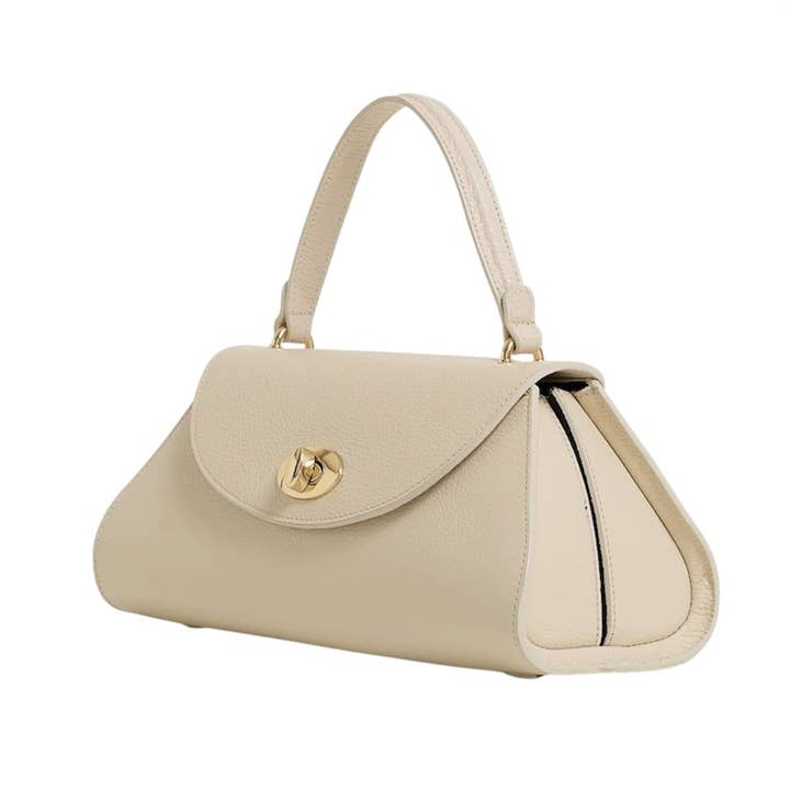 Sesto Shoulder Bag | Beige | Genuine Togo Leather | Clasp & Zip Closure | Light Gold Hardware | Handcrafted in Italy | Modarno