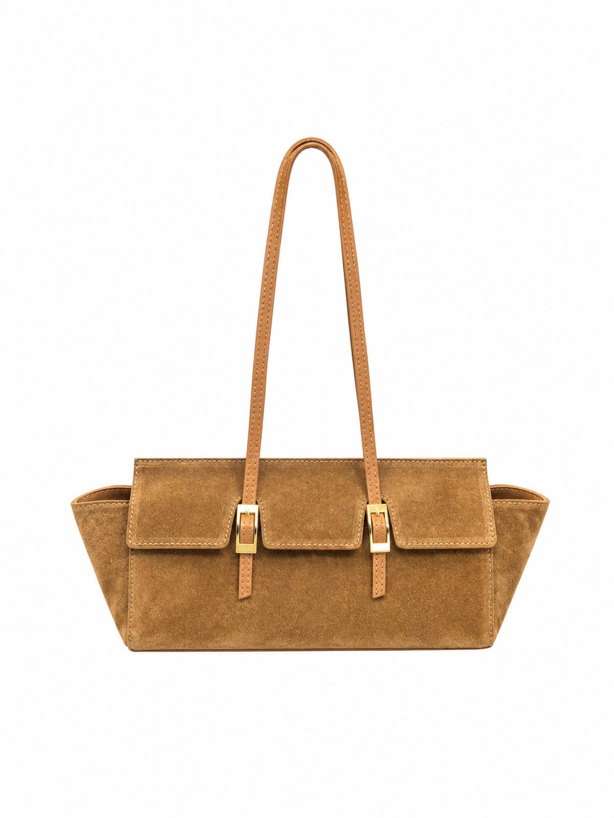 Bred toteveske i semsket skinn med doble spenner