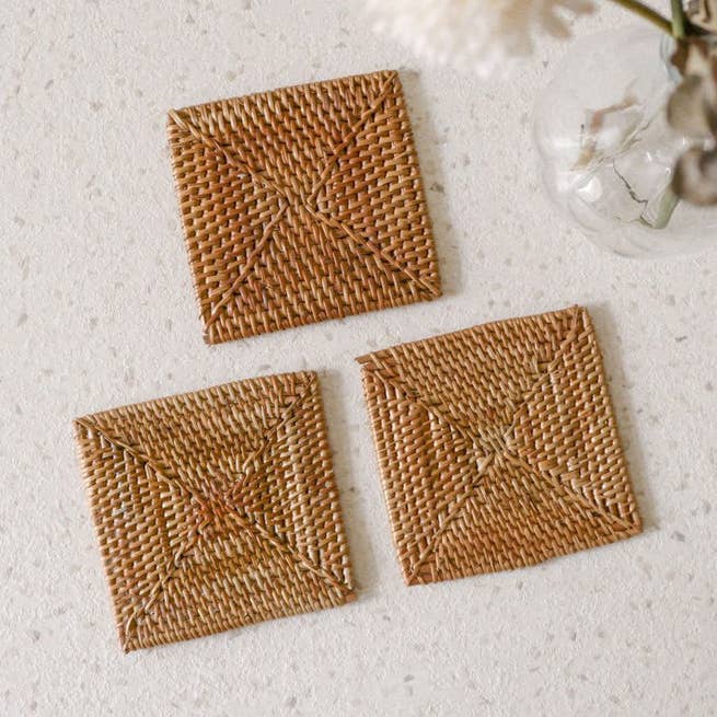 Hand-Woven Square Rattan Coaster – Natural Coastal Table Decor
