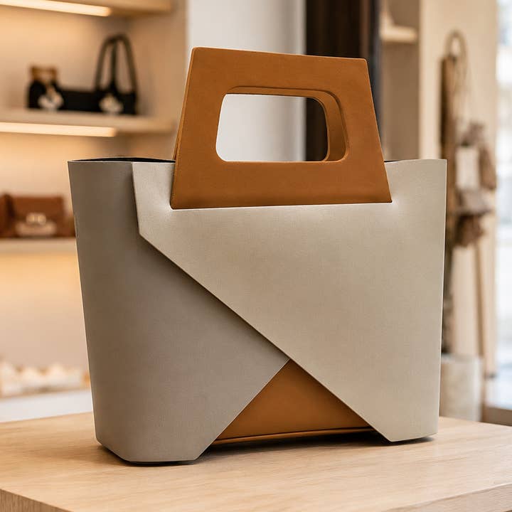 Carla | Italian Leather Geometric Handbag | Camel Gold & Taupe | Handcrafted in Italy