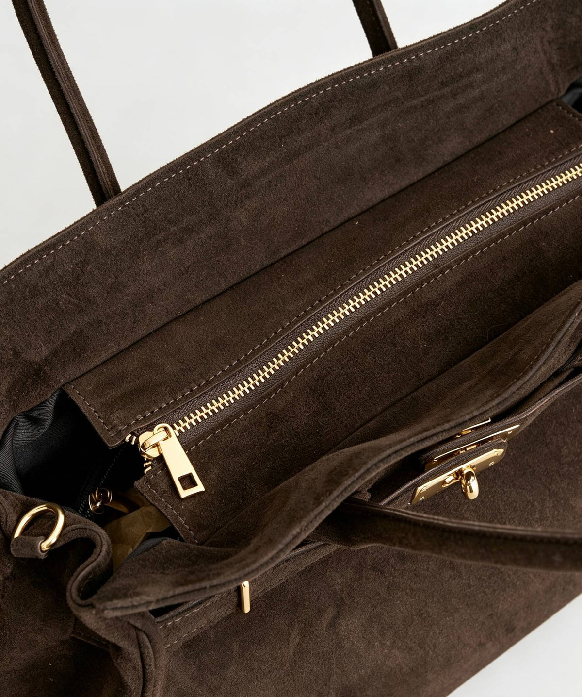 Suede Tote Bag with Golden Details, toteveske i semsket skinn