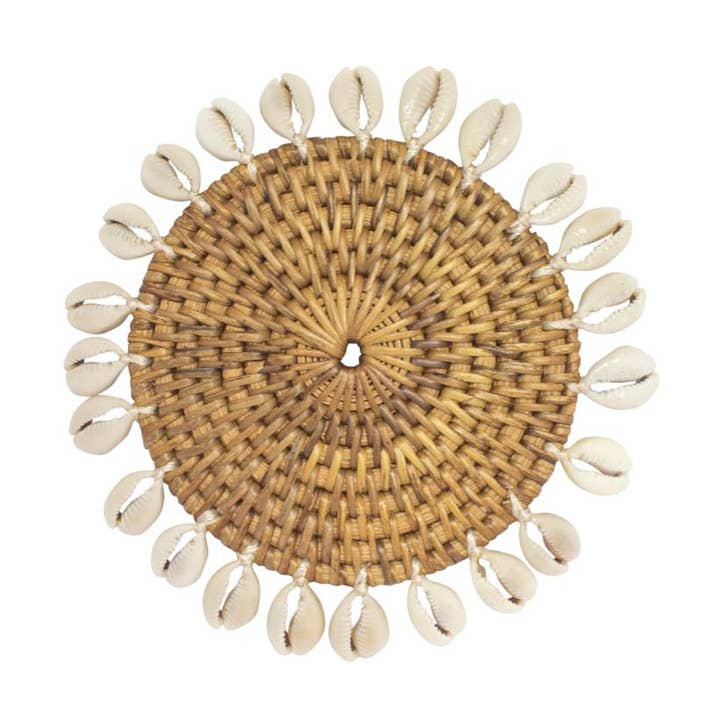 Hand-Woven Rattan Coaster with Cowrie Shell – Natural Brown