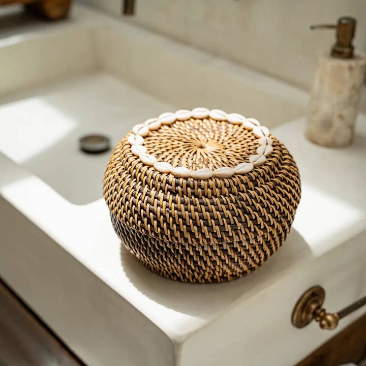 Colonial Cowrie Shell Rattan Basket | Natural Brown | Medium